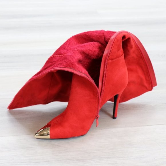 Fancy Pointy Toe Below The Knee Red Boots Suede - Picture 13 of 15